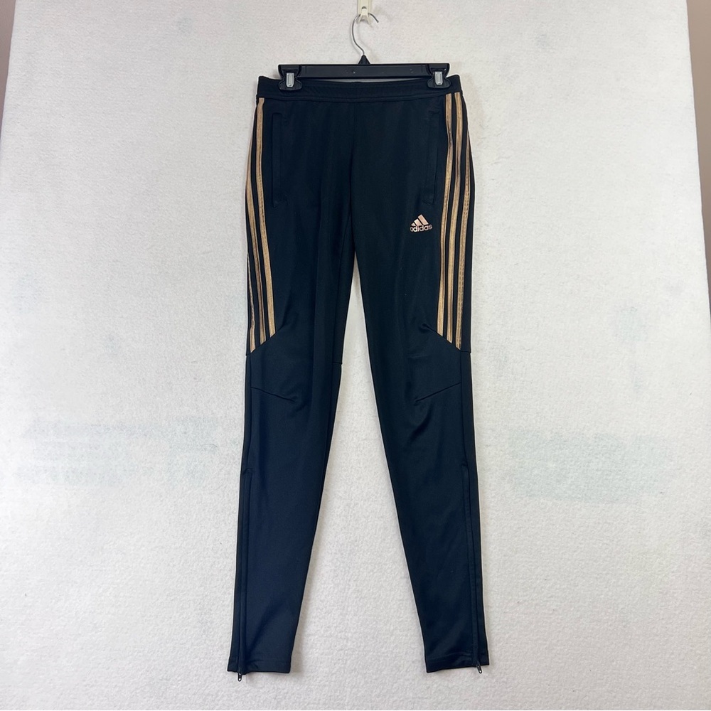 Adidas Womens Tiro 17 Black Tapered Training Pants Sz XS Gold Stripe Track Zip